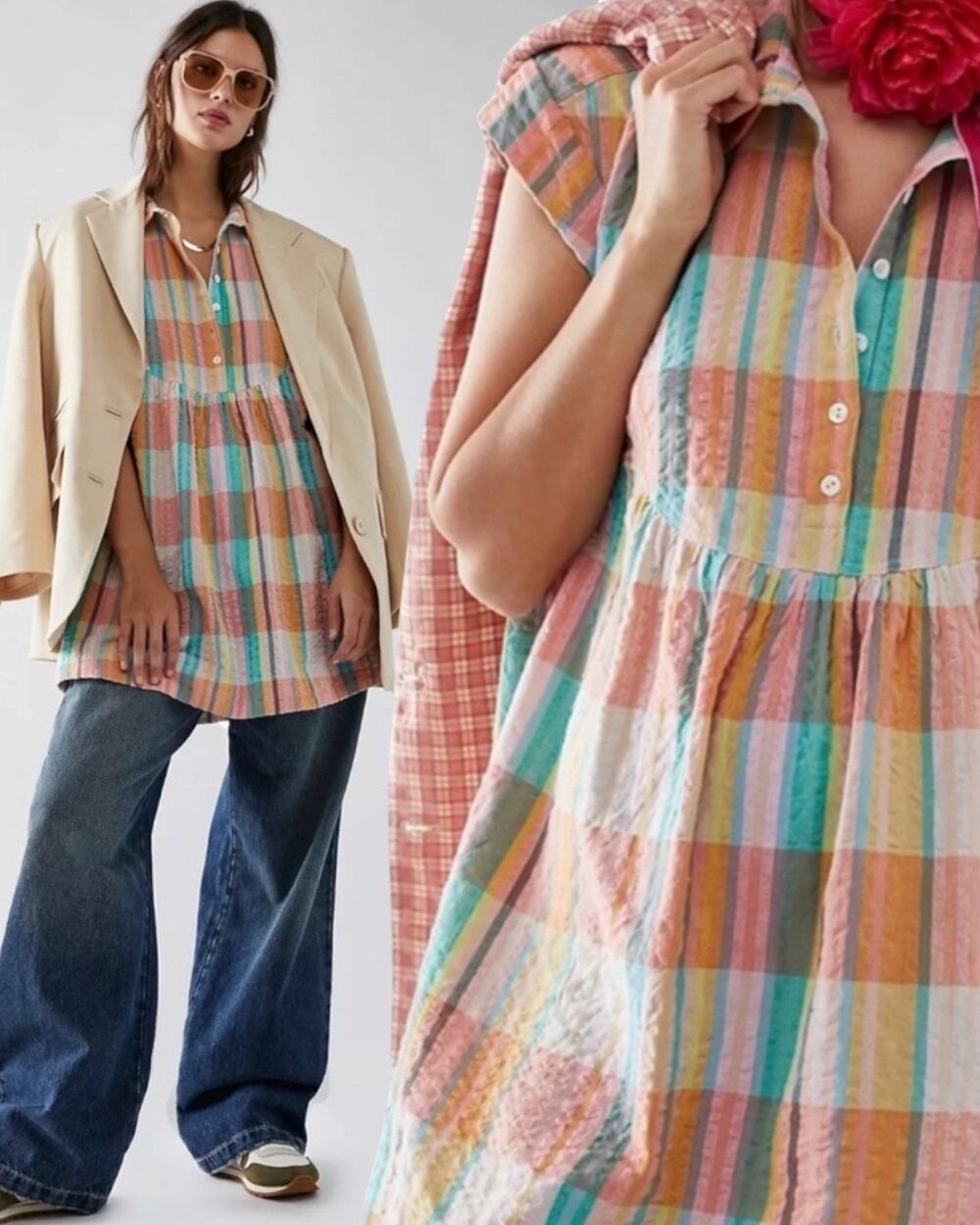 Free People Oversized Dreamers Madras Plaid Mini Dress Tunic Top Preppy Large
